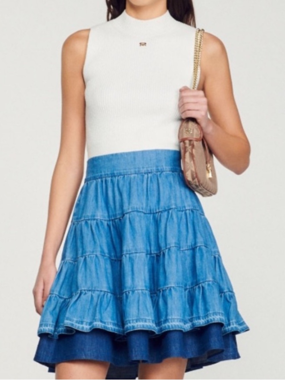SANDRO NWT fanfan denim ruffle tiered western skirt US SZ S/4